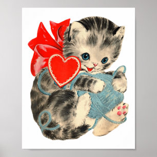 Vintager Valentinstag Kitty Cat Garn Niedlich Retr Poster