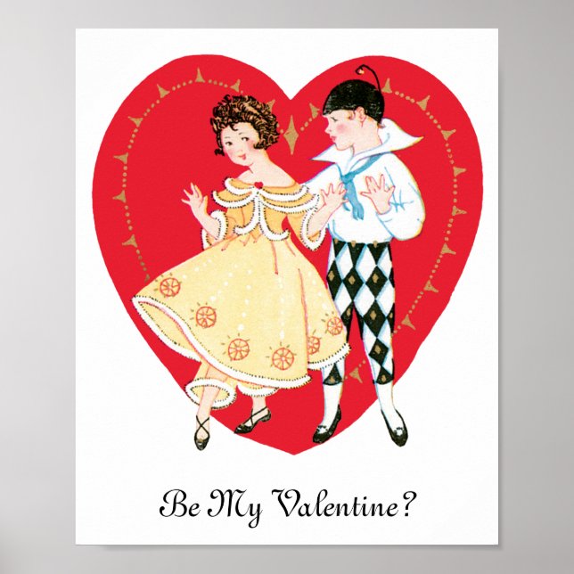 Vintager Valentinstag, Mädchen, Harlequin und Herz Poster (Vorne)