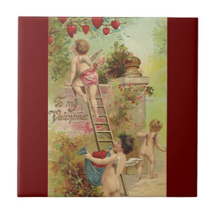 Vintager Valentinstag, Niedliche Cherubs Climb Lad Fliese