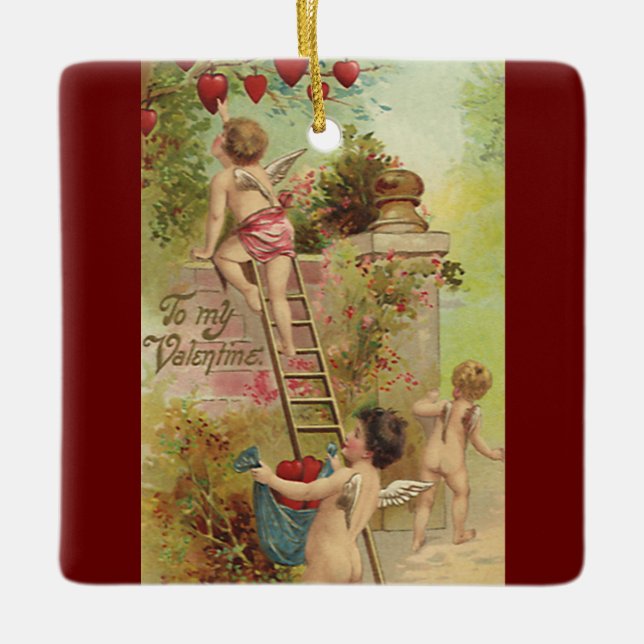 Vintager Valentinstag, Niedliche Cherubs Climb Lad Keramikornament (Vorderseite)