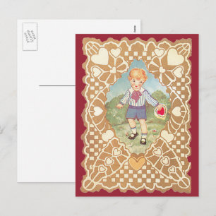 Vintager Valentinstag, Niedlicher Junge auf der Wi Feiertagspostkarte