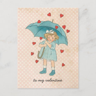 Vintager Valentinstag Niedliches Girl Rain Hearts Feiertagspostkarte