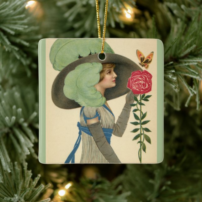 Vintager Valentinstag, Schmetterling der Lady Rote Keramikornament (Baum)