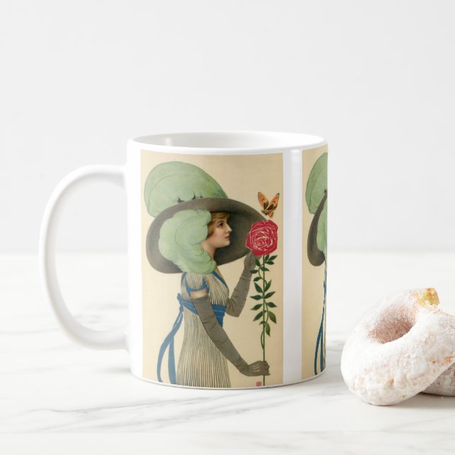 Vintager Valentinstag, Schmetterling der Lady Rote Tasse (Mit Donut)