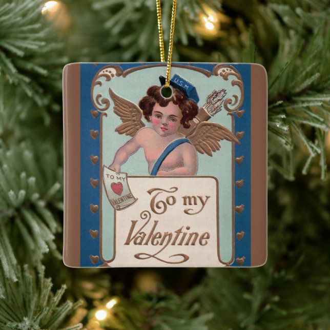 Vintager Valentinstag, Tscherub mit Liebe Letters Keramikornament (Baum)