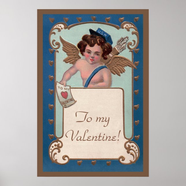 Vintager Valentinstag, Tscherub mit Liebe Letters Poster (Vorne)
