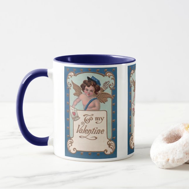 Vintager Valentinstag, Tscherub mit Liebe Letters Tasse (Mit Donut)