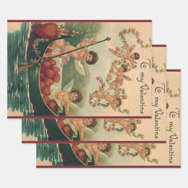 Vintager Valentinstag, Viktorianische Cherubs auf  Geschenkpapier Set (Set)