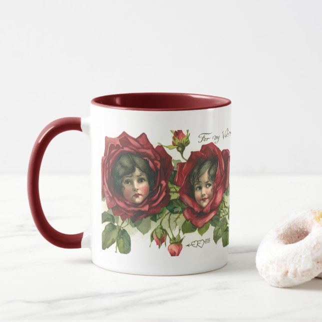 Vintager Valentinstag, Viktorianische Gesichter be Tasse (Mit Donut)