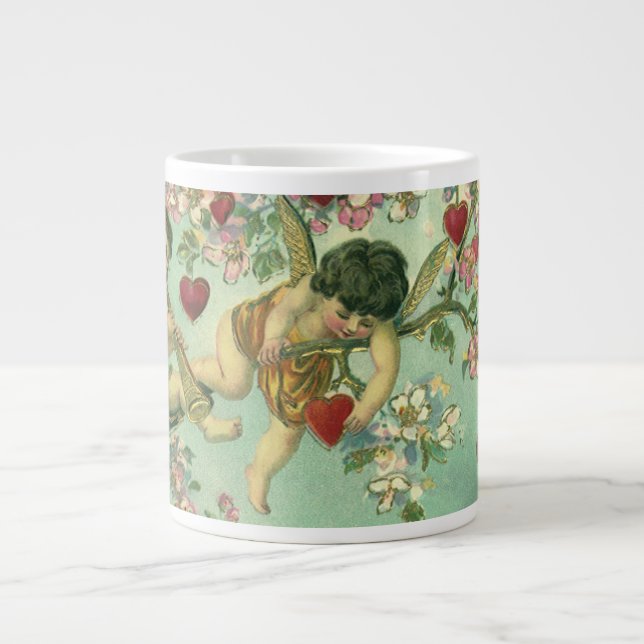 Vintager Valentinstag Viktorianische Kupide Herzba Jumbo-Tasse (Vorderseite)