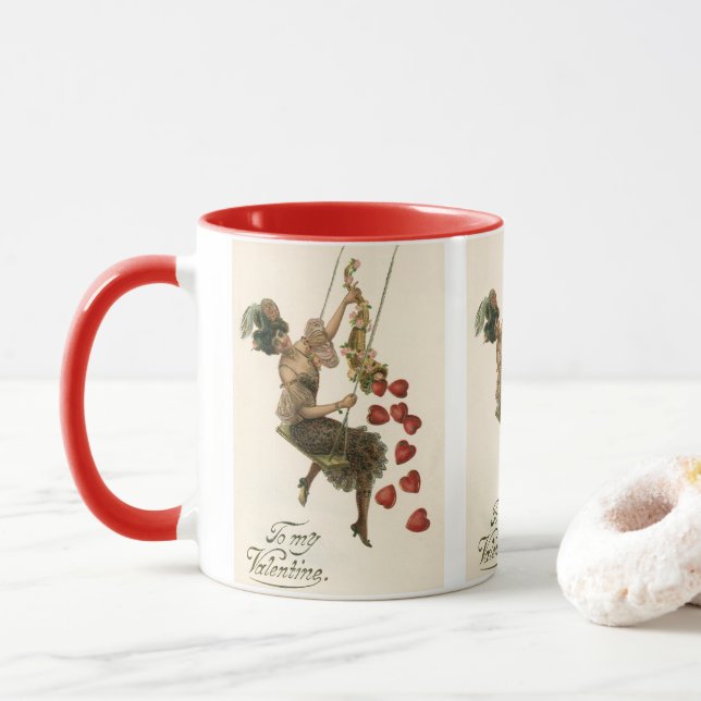 Vintager Valentinstag, Viktorianische Lady auf Swi Tasse (Mit Donut)