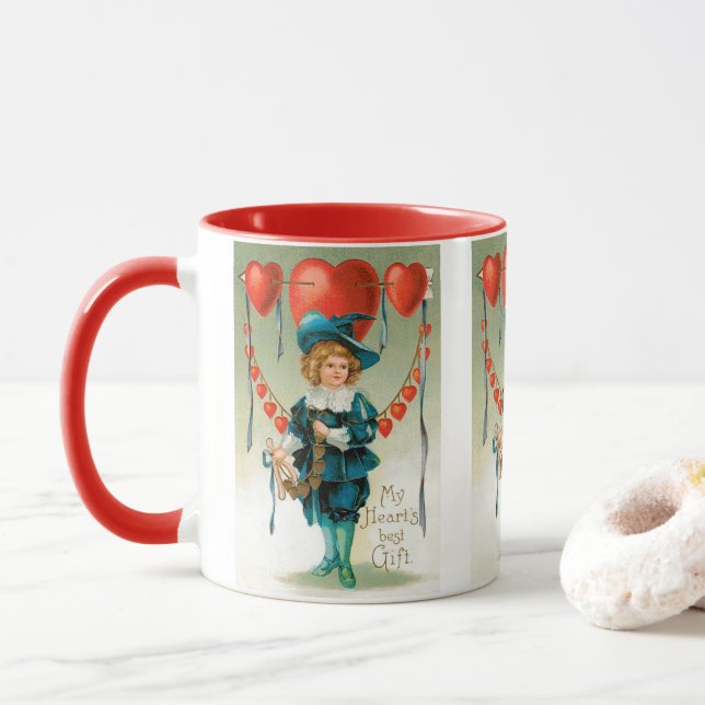 Vintager Valentinstag, Viktorianischer Junge mit H Tasse (Mit Donut)