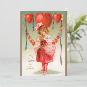 Vintager Valentinstag, Viktorianisches Mädchen mit Feiertagskarte