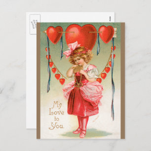 Vintager Valentinstag, Viktorianisches Mädchen mit Feiertagspostkarte