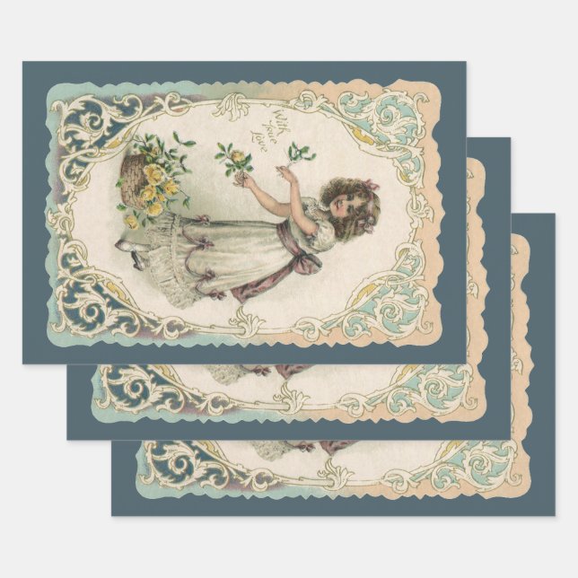 Vintager Valentinstag, Viktorianisches Mädchen mit Geschenkpapier Set (Set)