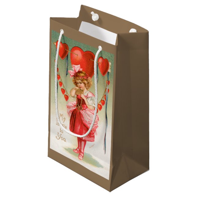Vintager Valentinstag, Viktorianisches Mädchen mit Kleine Geschenktüte (Vorderseite Schrägansicht)