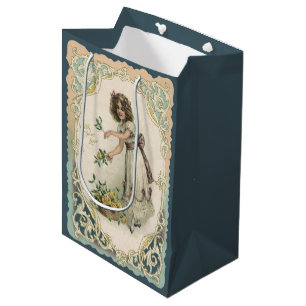 Vintager Valentinstag, Viktorianisches Mädchen mit Mittlere Geschenktüte