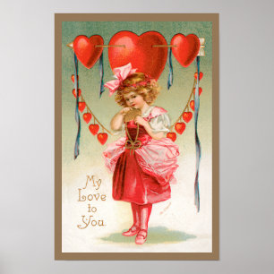 Vintager Valentinstag, Viktorianisches Mädchen mit Poster