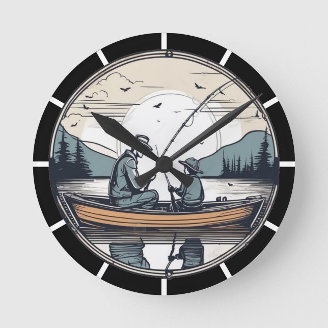 Vintager Vater und Kind gemeinsam fischen Runde Wanduhr (Vorderseite)