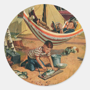 Vintager Vater und Sohn Camping, glücklicher Vater Runder Aufkleber