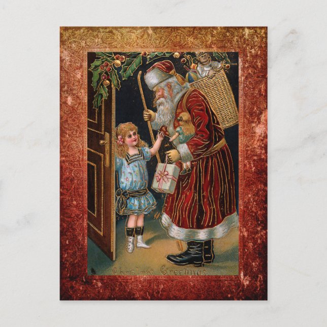 Vintager Vater Weihnachten und Holly Postkarte (Vorderseite)
