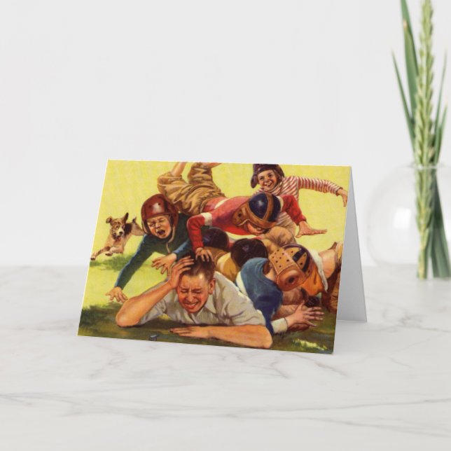 Vintager Vatertag, Fußballkinder und Familienhund Karte (Vorderseite)