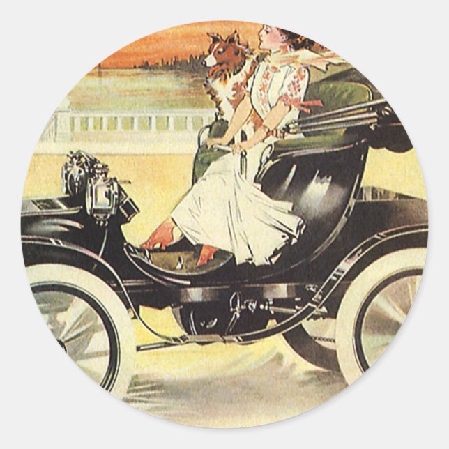 Vintager Verkehr, Frau im Cabrio Runder Aufkleber (Vorderseite)