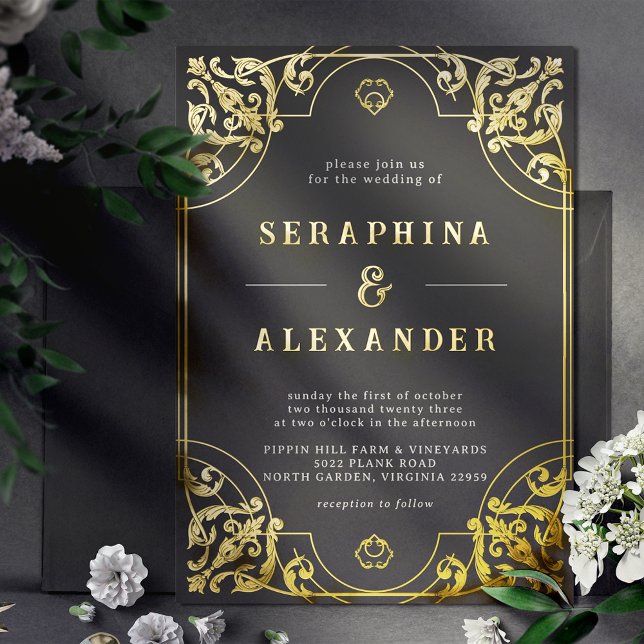 Vintager Verzierter Rahmen | Eleganter Black and G Folieneinladung (Von Creator hochgeladen)