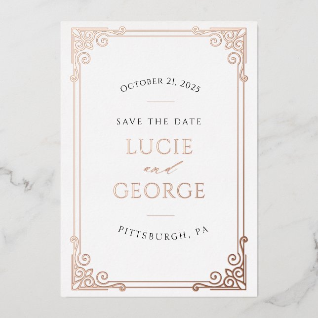 Vintager Verzierter Rahmen Save the Date real Folieneinladung (Vorderseite)
