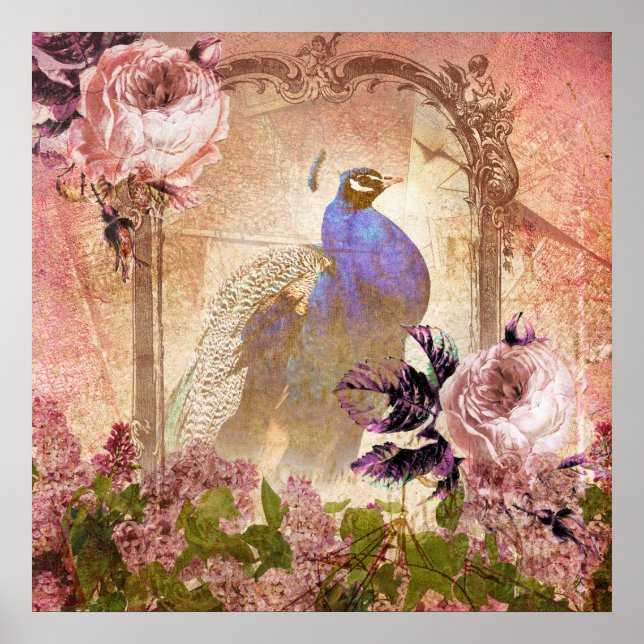 Vintager Viktorianischer Blumenpfau Poster (Vorne)