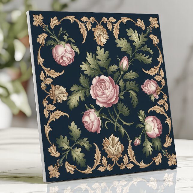 Vintager Viktorianischer Damask Roses Navy Fliese (Von Creator hochgeladen)