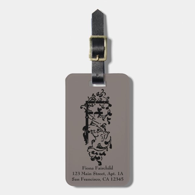 Vintager Viktorianischer Monogramm-Dekorbrief F Gepäckanhänger (Vorderseite vertikal)
