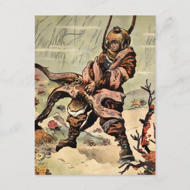 Vintager Viktorianischer Oktopus-Taucherkampf Postkarte (Vorderseite)