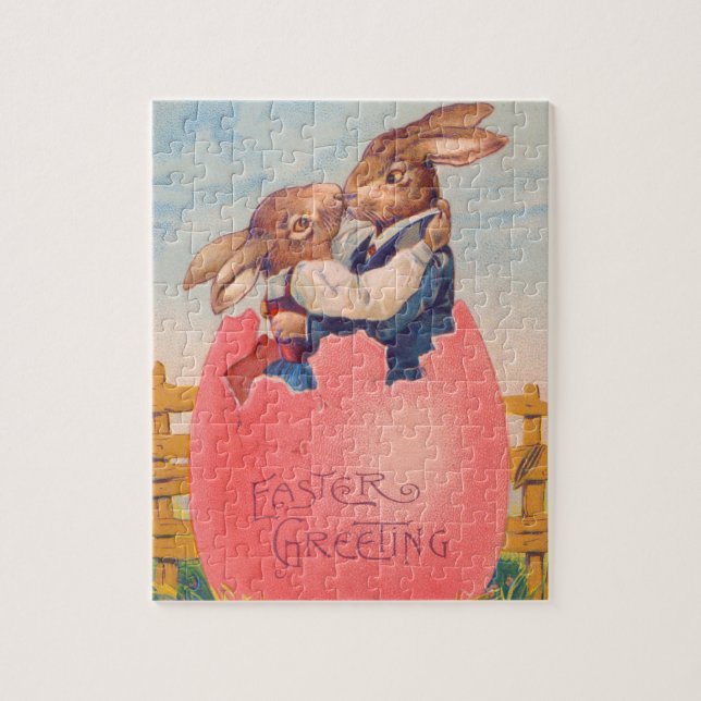 Vintager Viktorianischer Ostern Gruß zwei Bunnies  Puzzle (Vertikal)