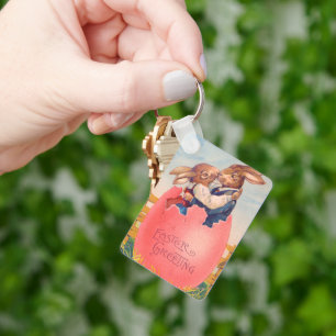 Vintager Viktorianischer Ostern Gruß zwei Bunnies  Schlüsselanhänger