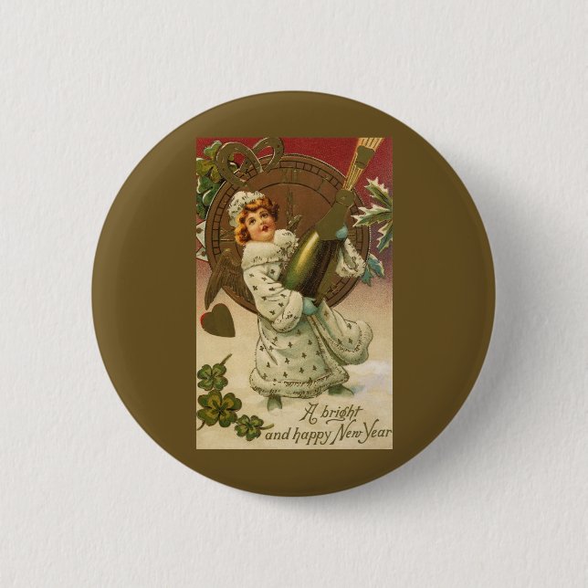 Vintager Viktorianischer Silvester Champagne Angel Button (Vorderseite)
