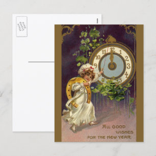 Vintager Viktorianischer Silvester, Uhr um Mittern Feiertagspostkarte