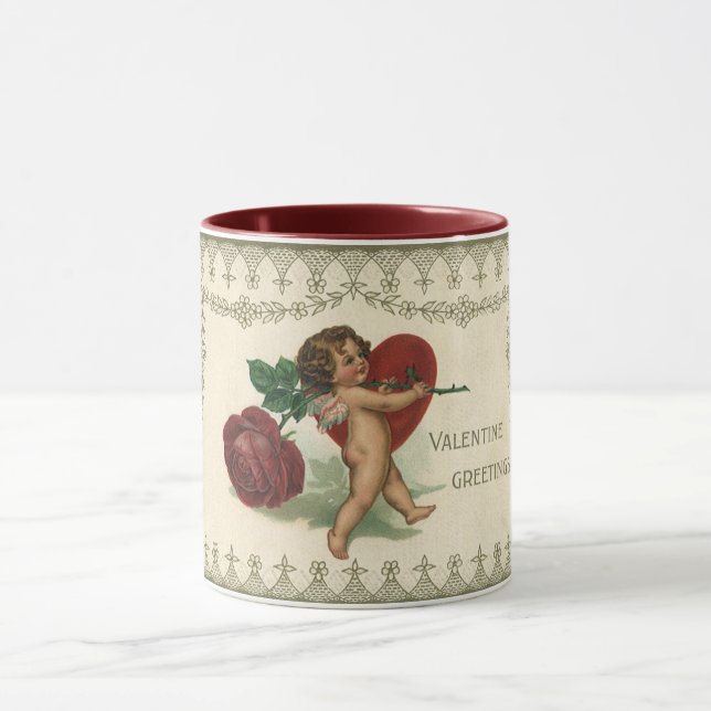 Vintager Viktorianischer Valentinkreub, Rose und H Tasse (Zentrum)
