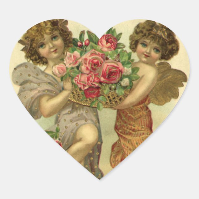 Vintager Viktorianischer Valentinstag, Angels Rose Herz-Aufkleber (Vorderseite)