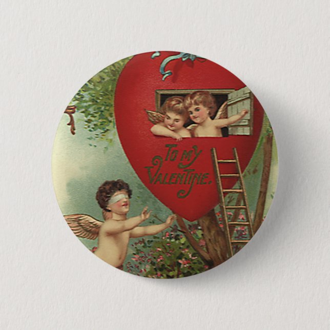 Vintager Viktorianischer Valentinstag Cherubs Tree Button (Vorderseite)