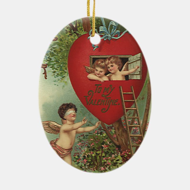 Vintager Viktorianischer Valentinstag Cherubs Tree Keramikornament (Hinten)