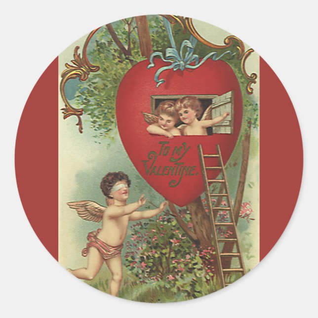 Vintager Viktorianischer Valentinstag Cherubs Tree Runder Aufkleber (Vorderseite)