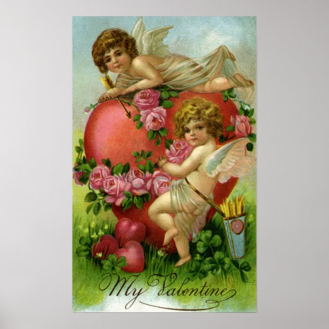 Vintager Viktorianischer Valentinstag Engel Herzli Poster (Vorne)