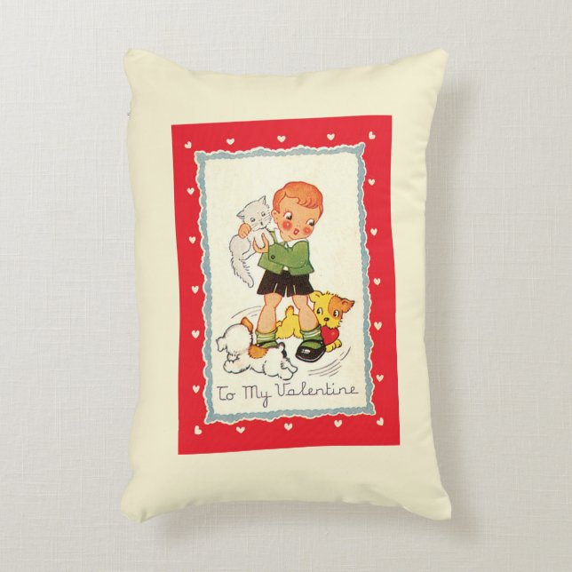 Vintager Viktorianischer Valentinstag Junge, Katze Dekokissen (Vorderseite(Vertikal))