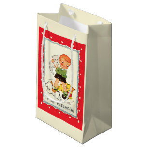 Vintager Viktorianischer Valentinstag Junge, Katze Kleine Geschenktüte