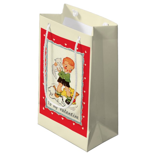 Vintager Viktorianischer Valentinstag Junge, Katze Kleine Geschenktüte (Vorderseite Schrägansicht)