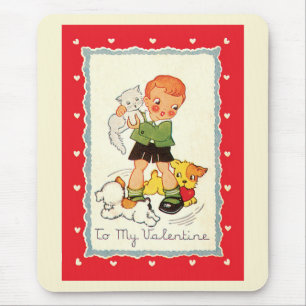 Vintager Viktorianischer Valentinstag Junge, Katze Mousepad