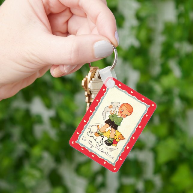 Vintager Viktorianischer Valentinstag Junge, Katze Schlüsselanhänger (Hand)