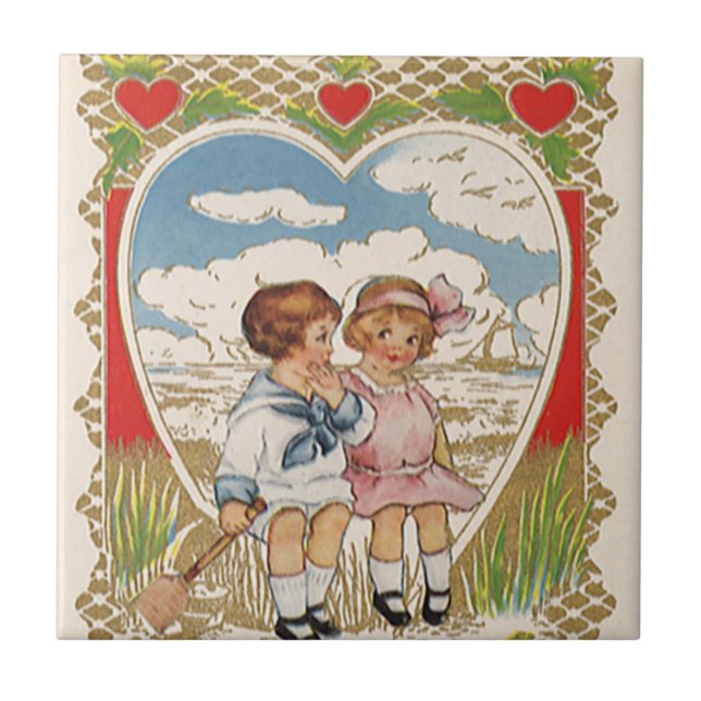 Vintager Viktorianischer Valentinstag Kinder im He Fliese (Vorderseite)