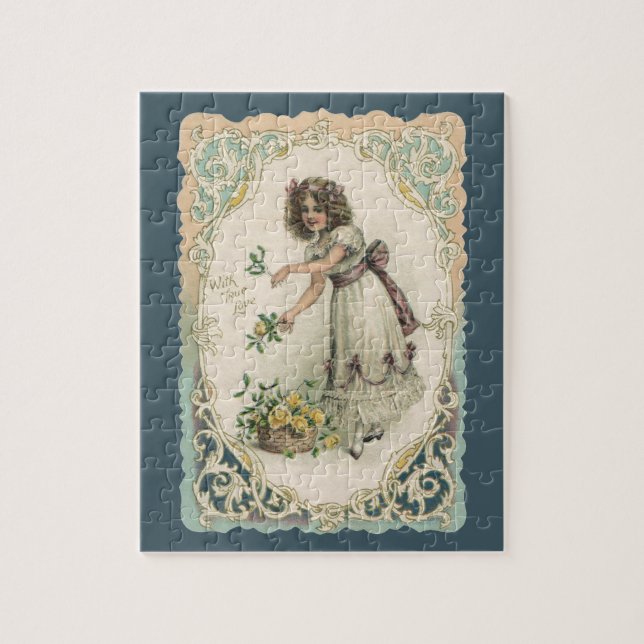 Vintager Viktorianischer Valentinstag, Mädchen mit Puzzle (Vertikal)